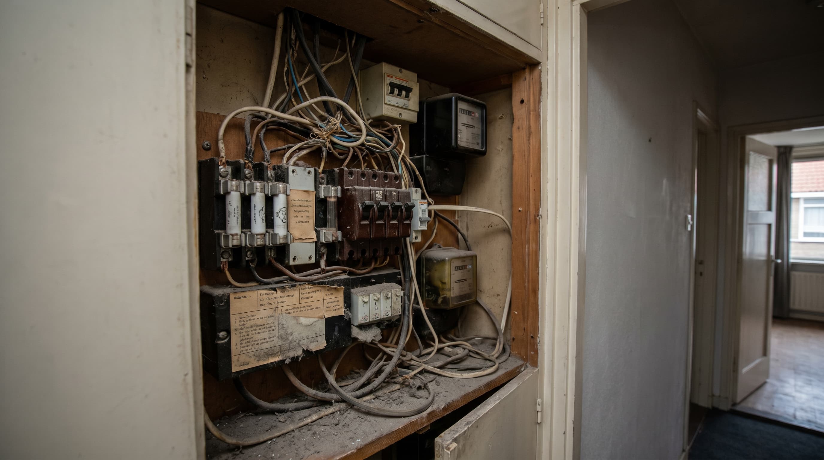 Verouderde meterkast met oude bedrading